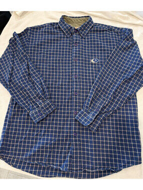 Mossy Oak Men's L Blue Plaid Flannel Shirt Button Down Collar Y2K Cotton Retro